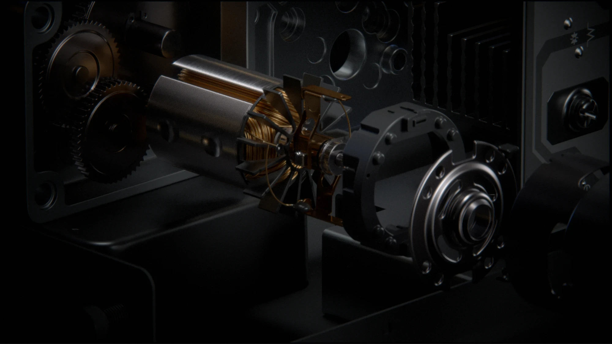 A close-up macro rendering of an intricate mechanical component. The image features detailed gears, coils, and metal parts assembled within a dark, industrial setting. The metallic textures and fine details highlight the precision and complexity of the machinery, showcasing the depth and realism that 3D design can achieve. The image was created by specialists at Prakhova Studios and is protected by copyright.