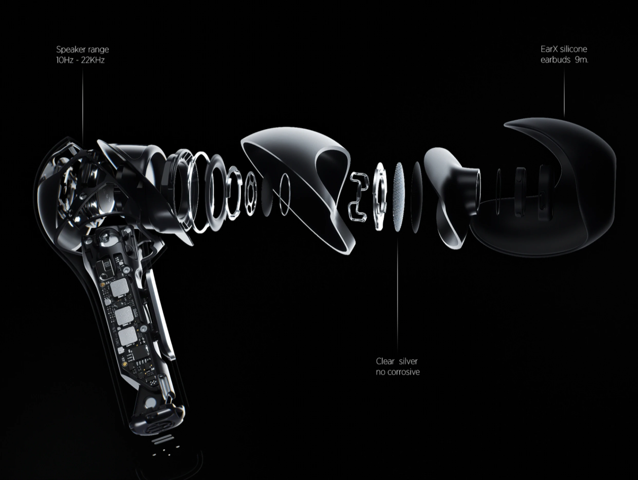 An exploded view of an advanced earbud, revealing its internal components. The image highlights the speaker range of 10Hz to 22kHz, 'EarX' silicone earbuds (9m), and clear silver non-corrosive materials. The visualization showcases the intricate assembly of parts, including the driver, circuitry, and outer casing.