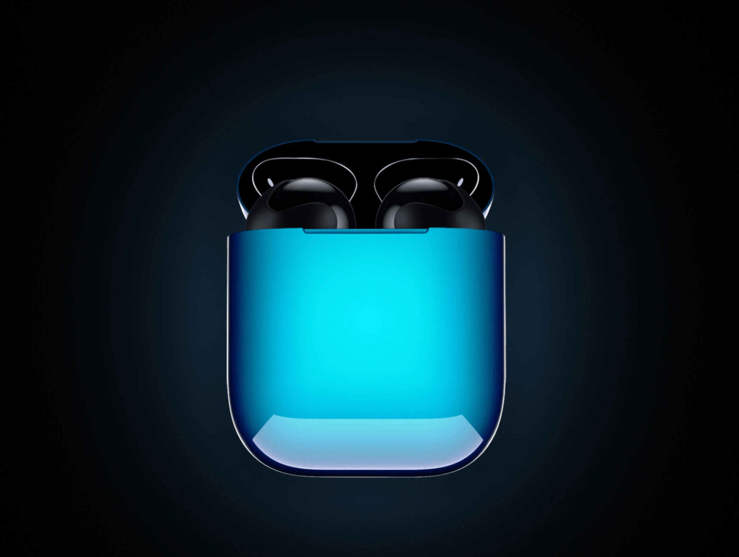 An advanced, sleek earbud charging case in a vibrant blue color, with earbuds partially visible inside. The design is modern and minimalist, emphasizing the high-tech and premium quality of the product.